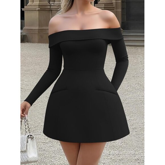 Women's Off Shoulder Long Sleeve Mini Dress Polyester Bodycon Party Dress - Picture 4 of 7